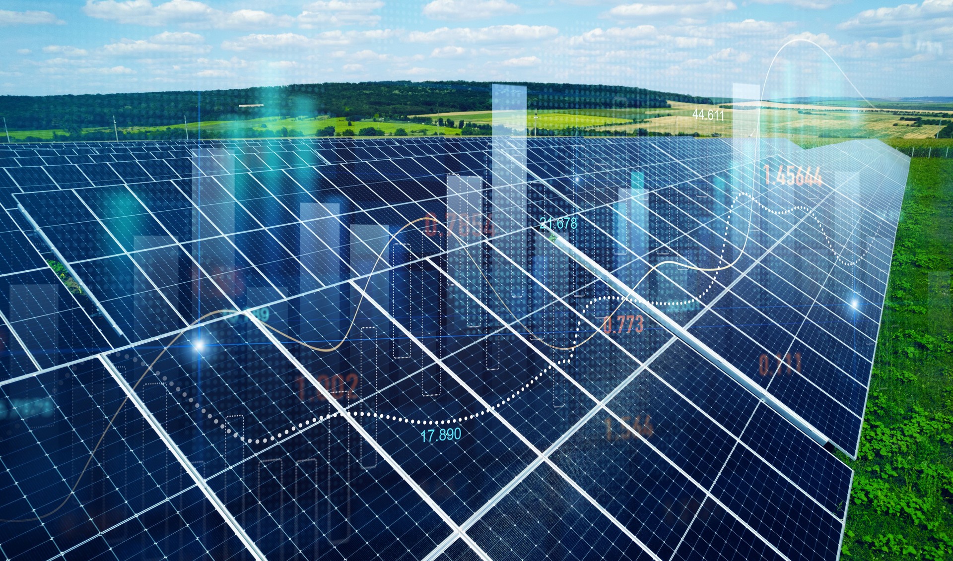 Photovoltaic power station with double exposure of digital financial chart graphs and stock market.Green energy in full development. Increase or rising in electricity prices on the world market.