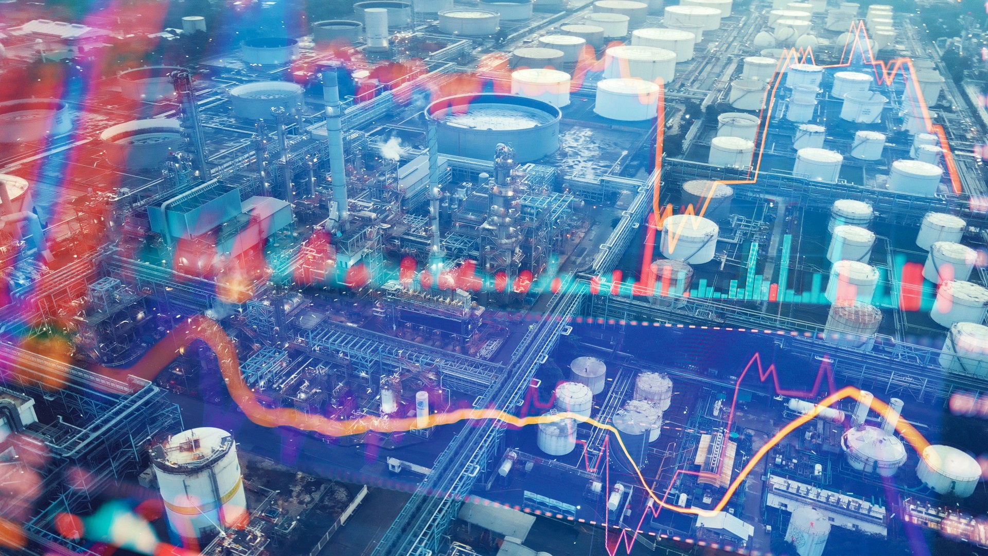 Energy infrastructure and market analytics visualization il storage facility bathed in golden light, juxtaposed with stock market graphs. Reflects energy market dynamics and global economics.