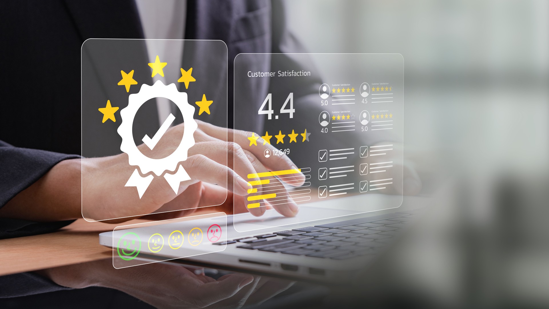 Concept of Quality Management and Customer Feedback with Satisfaction Metrics, Star Ratings, and Approval Icons on Laptop Used by Business Professional for Digital Reputation Monitoring